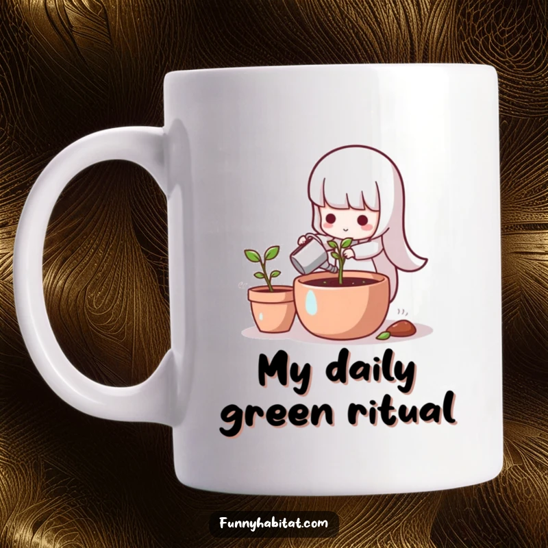 Funny cute character happily watering a tiny green sprout in a sunlit terracotta pot.