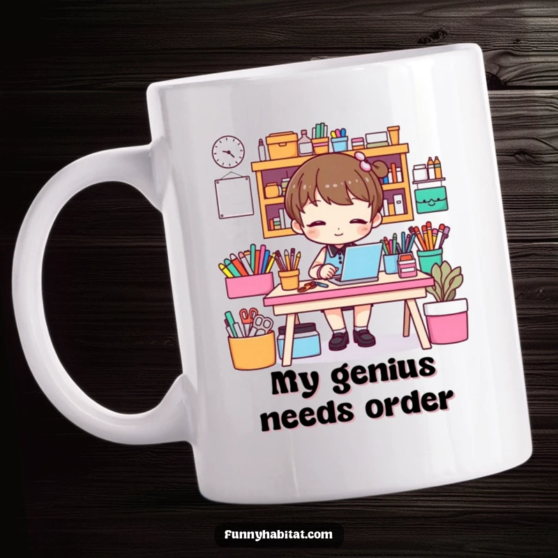 Funny mug featuring a character meticulously organizing a vibrant desk of craft supplies, showcasing dedication and a touch of playful chaos.