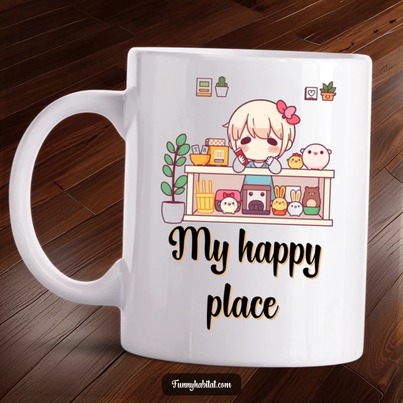 Funny mug showing a character happily arranging a small collection of various favorite items on a shelf with care.