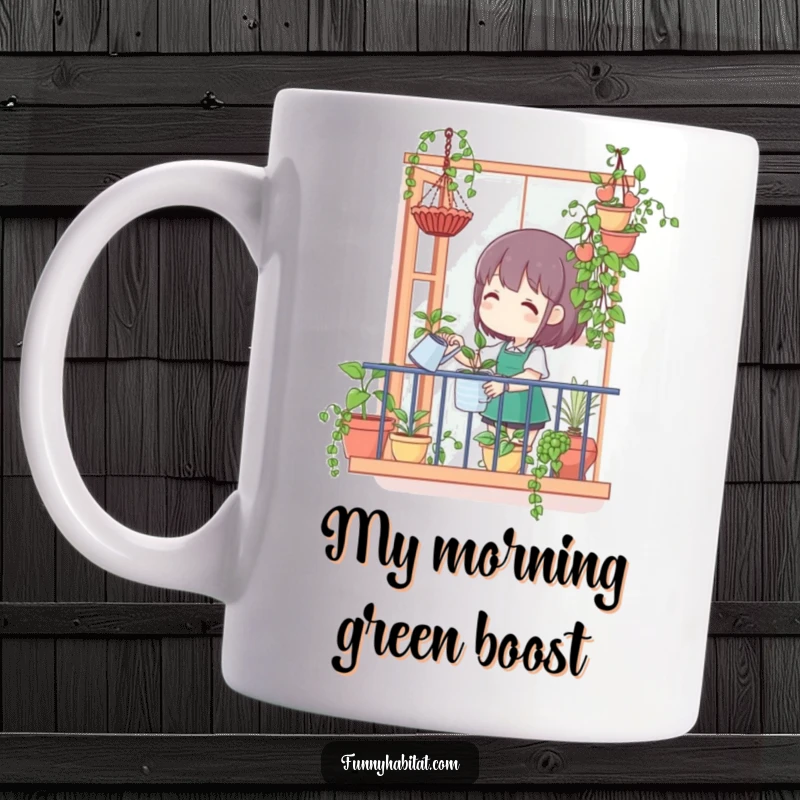 Funny mug of a character happily watering hanging plants from a balcony, showcasing joy in nurturing greenery.