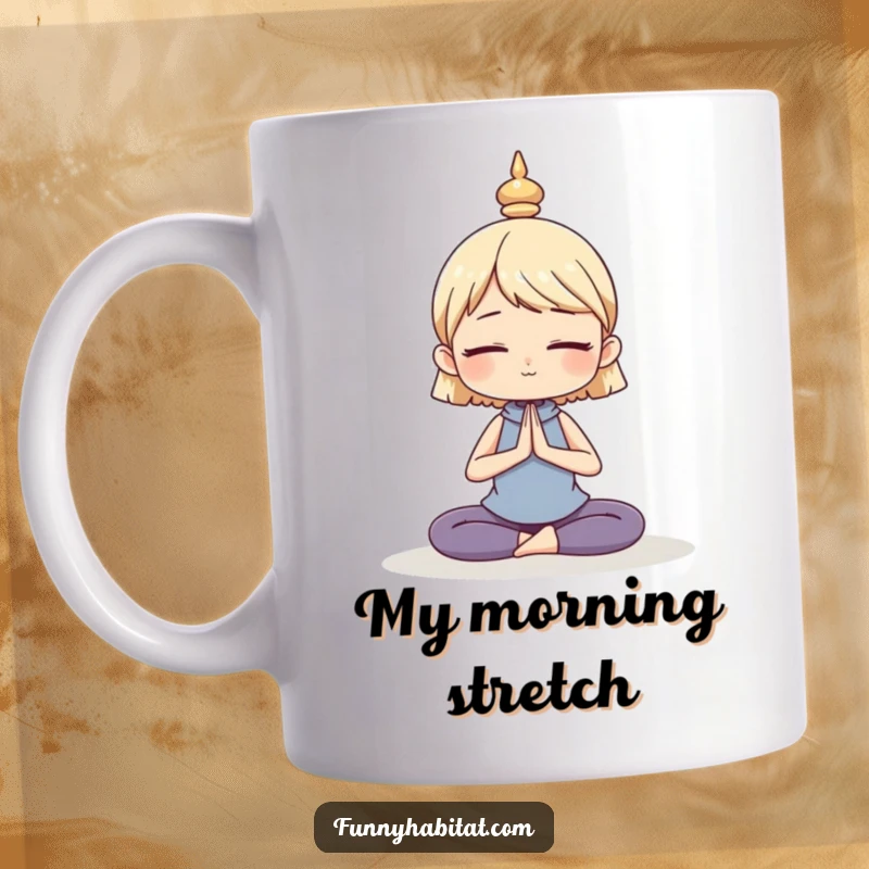 Funny mug with a character in a calm, serene yoga pose, celebrating mindfulness, inner peace, and a touch of humor.