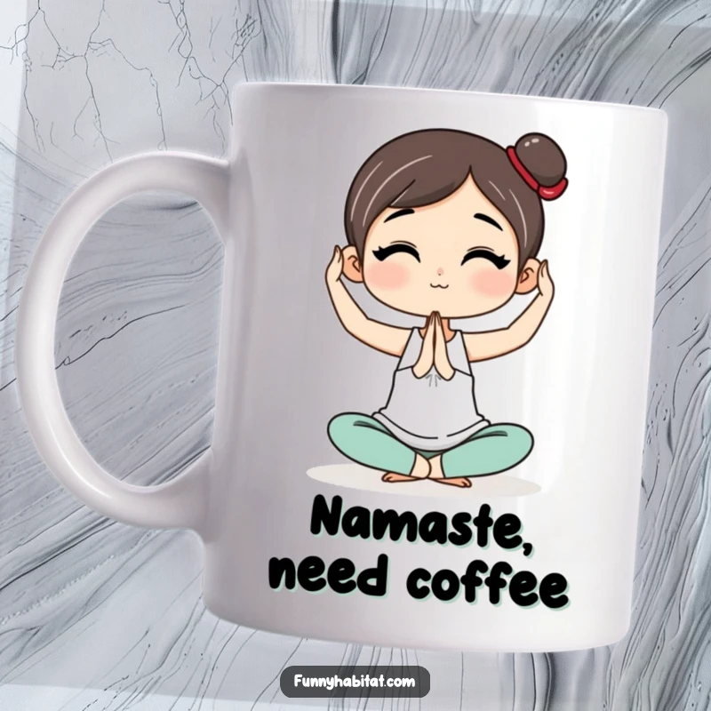 Funny Mug showing a character gracefully performing a simple yoga pose, embodying tranquility and gentle humor for fitness enthusiasts.