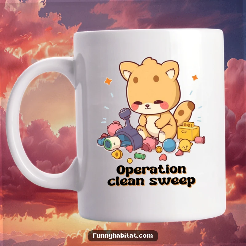 Funny mug featuring an energetic animal character tidying up scattered toys, a humorous and motivating gift.