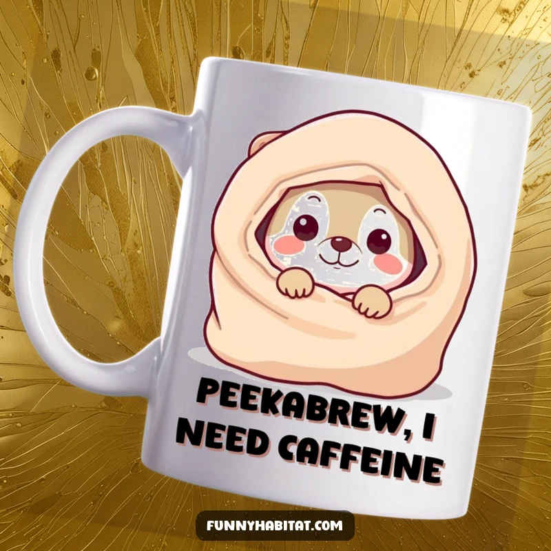 Funny Mug with a playful animal character peeking mischievously from behind a soft, cozy blanket, ready for a game of peek-a-boo.