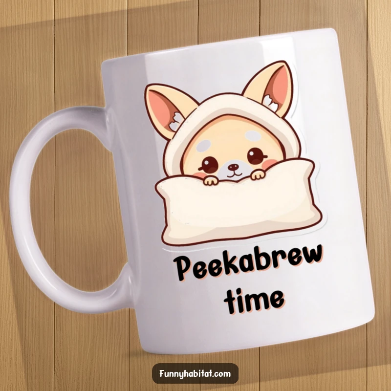 Funny mug featuring a curious animal character peeking from behind a comfortable cushion, a humorous and cute gift.