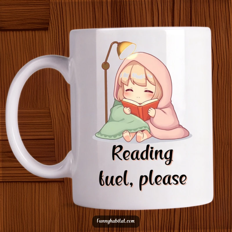 Funny mug showing a cozy character wrapped in a blanket, reading a book under soft lamplight, embodying a peaceful reader.