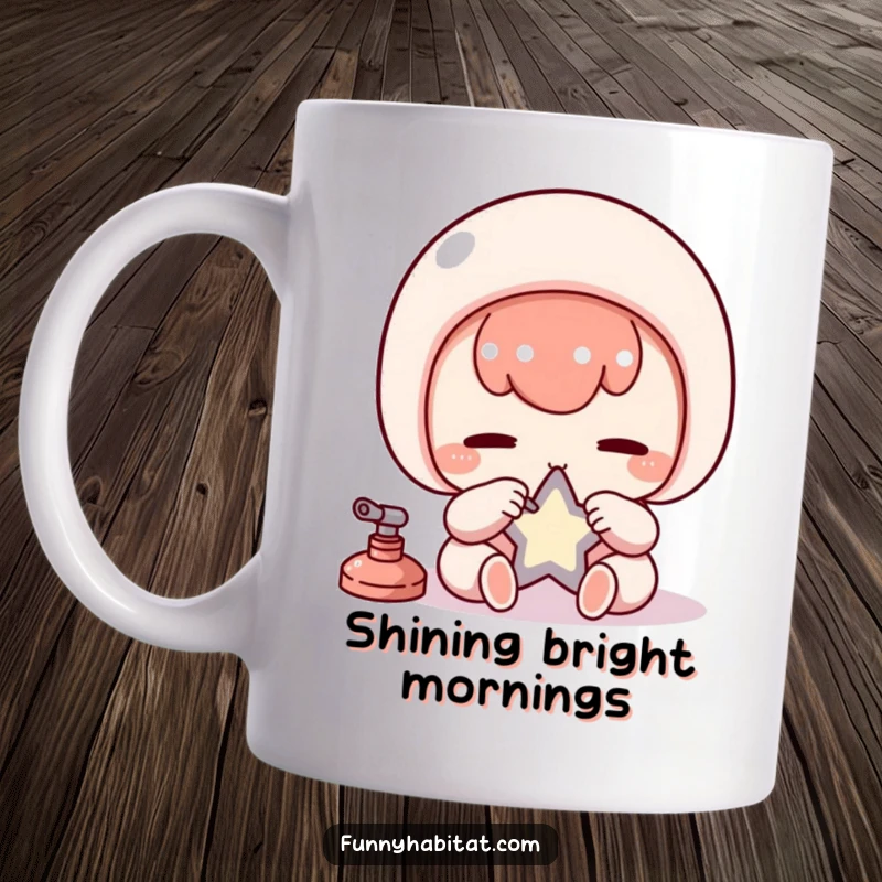 Funny Kawaii Mug, a diligent character carefully polishes a small star, representing focus and humor.