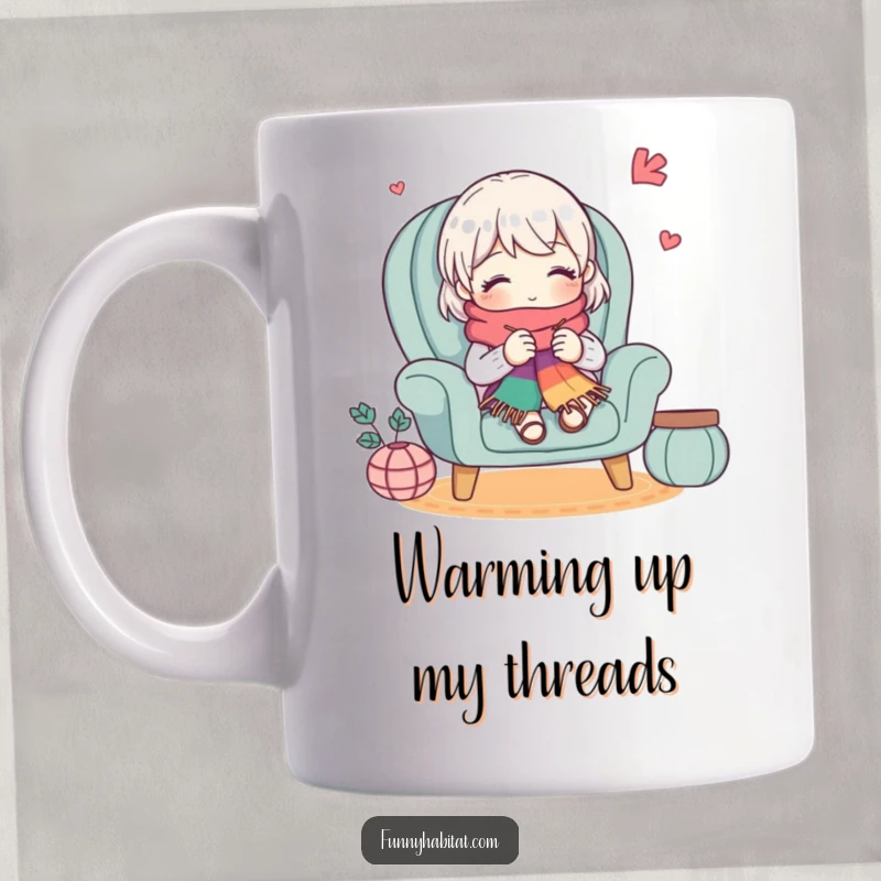 Funny mug with a cute character happily knitting a bright, colorful scarf while relaxing in a comfy armchair, radiating warmth and humor.
