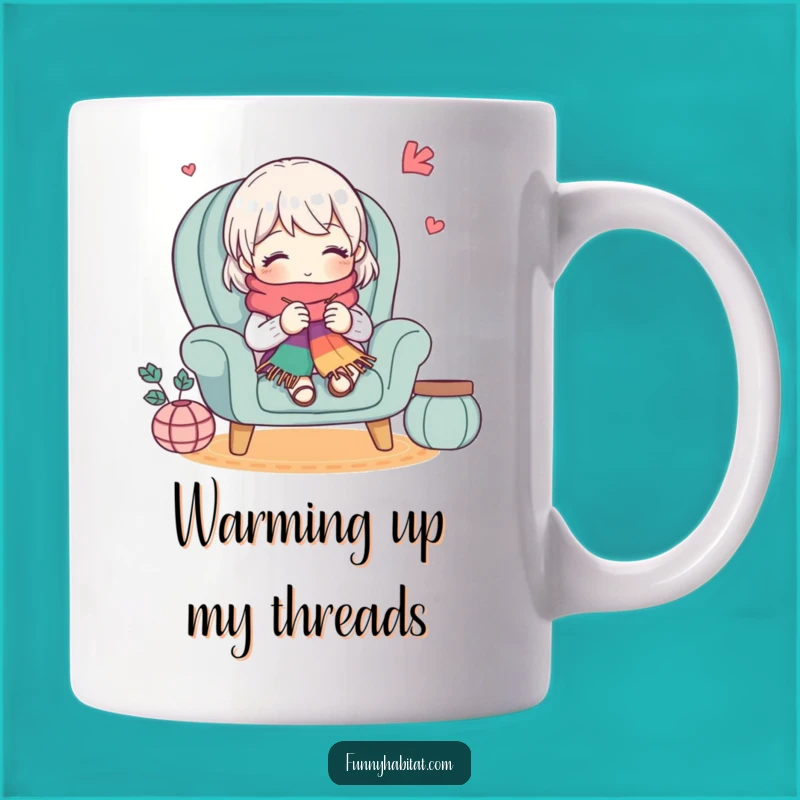 Funny Cozy Knitter Mug: Cute Character Knitting a Scarf, Perfect Funny Gift Idea
