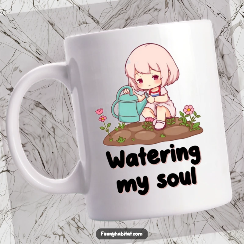 Funny mug showing a cute character happily tending a miniature garden with a watering can, embodying peaceful, plant-loving joy.