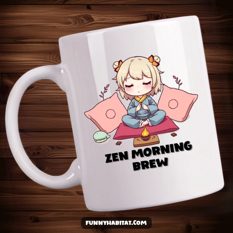 Funny mug showing a peaceful character meditating amongst soft cushions and gentle incense, embodying tranquility.