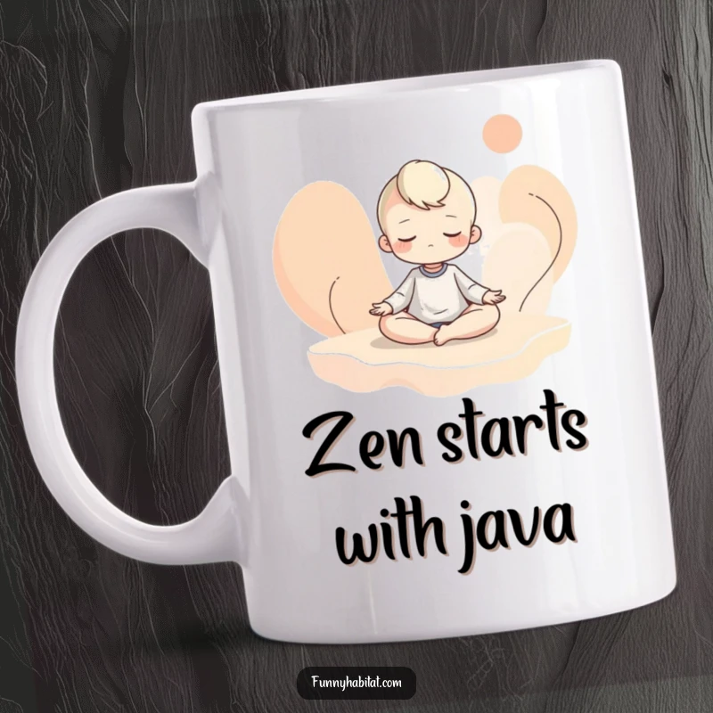 Funny mug depicting a character meditating serenely amidst flowing abstract shapes, radiating peaceful and humorous energy.