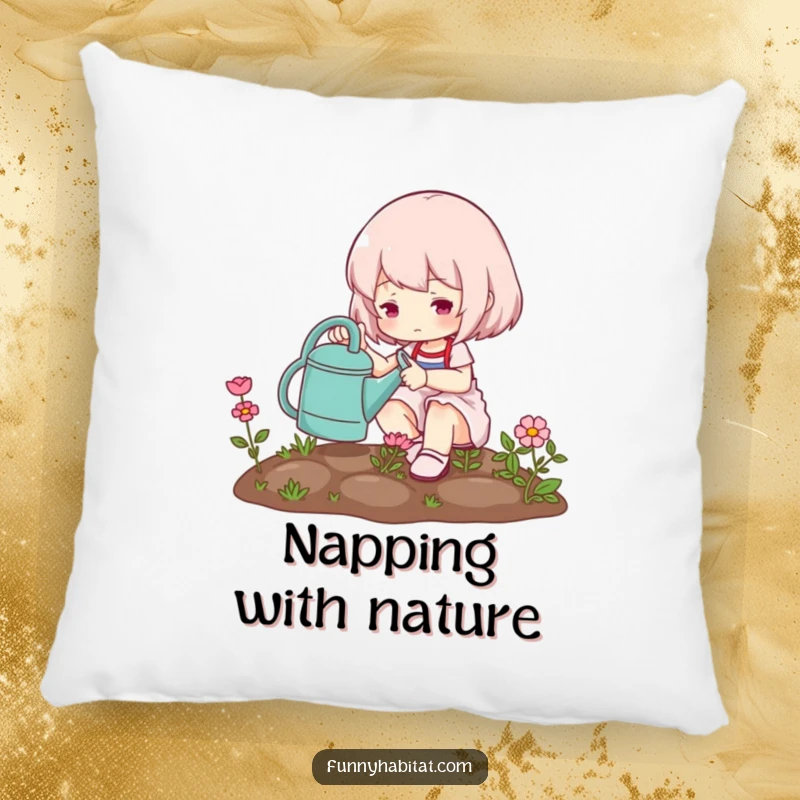 Funny pillow illustrating a cute character tending a miniature garden, offering plush comfort and adorable, nature-themed sweetness.