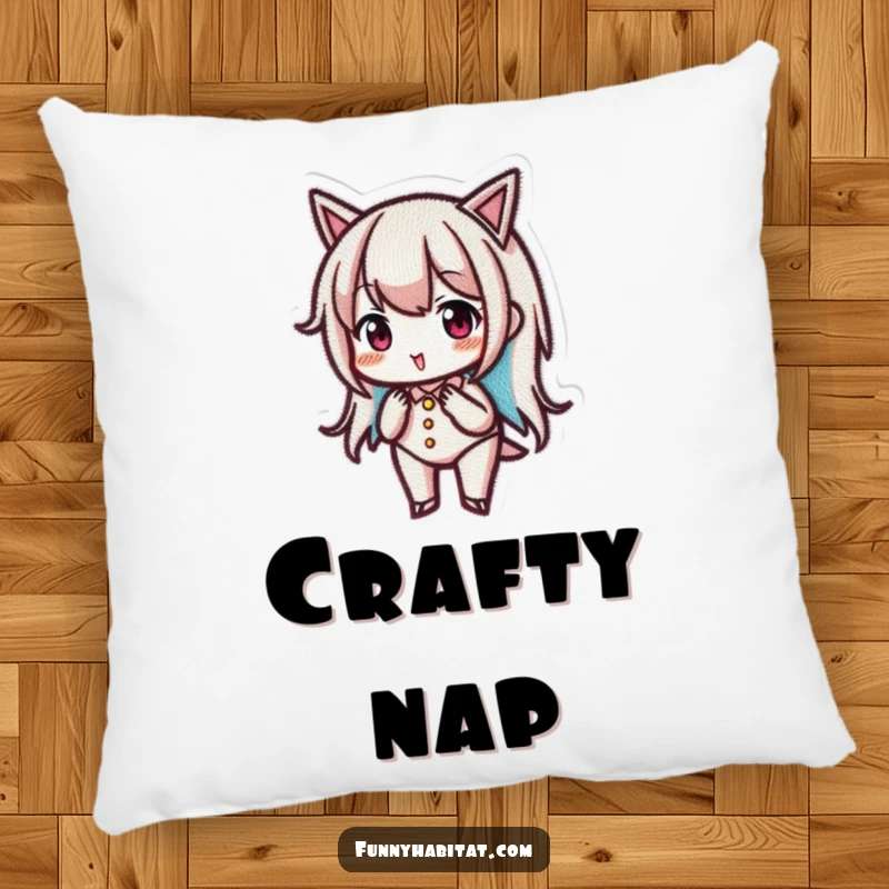 Funny embroidery pillow with a character focused on creating a small, intricate design, a cozy addition for crafters.