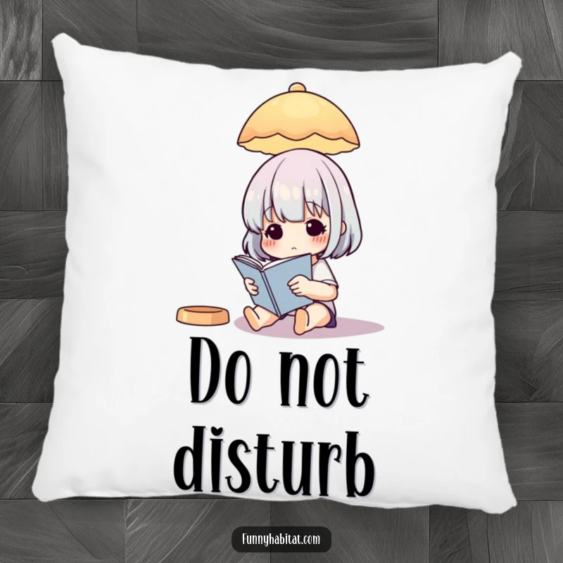 Funny Pillow: A cute character reading a book bathed in the warm light of an illustrated lamp.