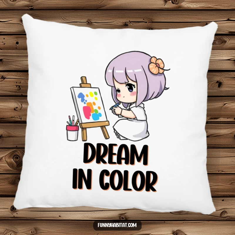 Funny pillow with a character concentrating on painting a colorful picture, perfect for adding comfort and artistic humor to any room.