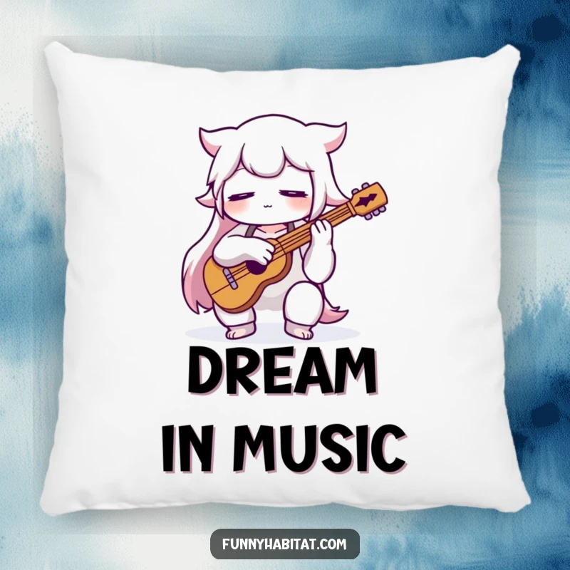 Funny music lover pillow featuring a character playing an instrument with eyes closed, adding comfort and humor to any room.