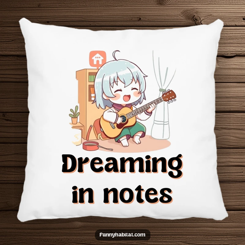 Funny pillow depicting a character enthusiastically playing a musical instrument with joy in a cozy, inviting room.