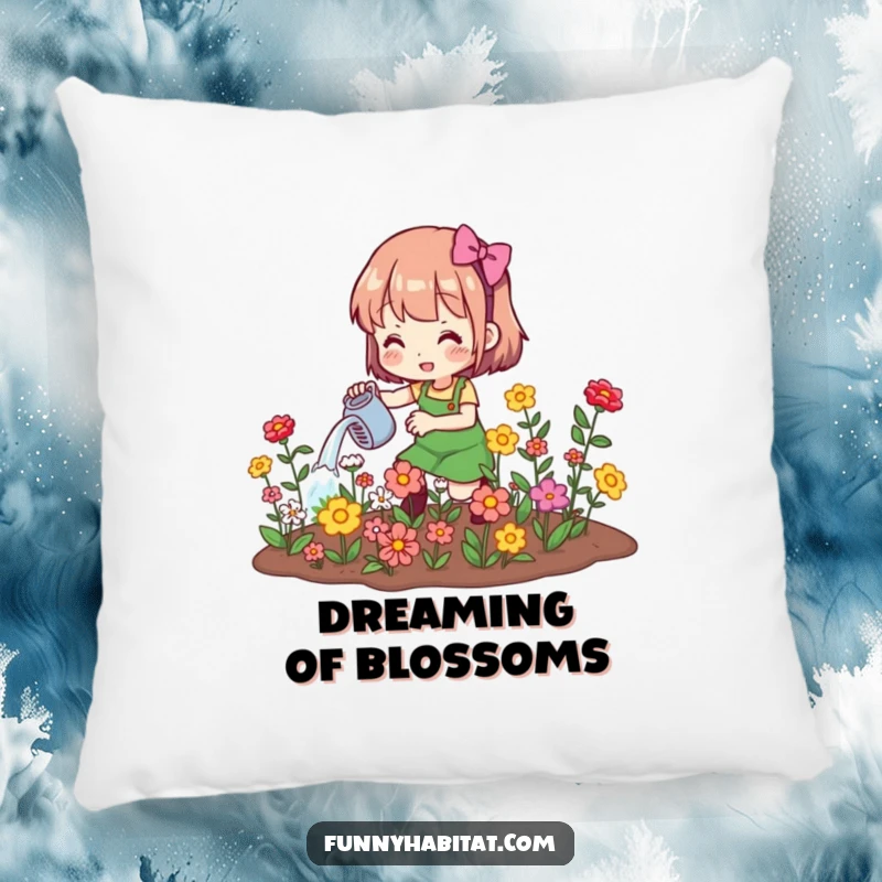 Funny plush pillow with a character watering blooming flowers, offering comfort and a symbol of gardening joy.