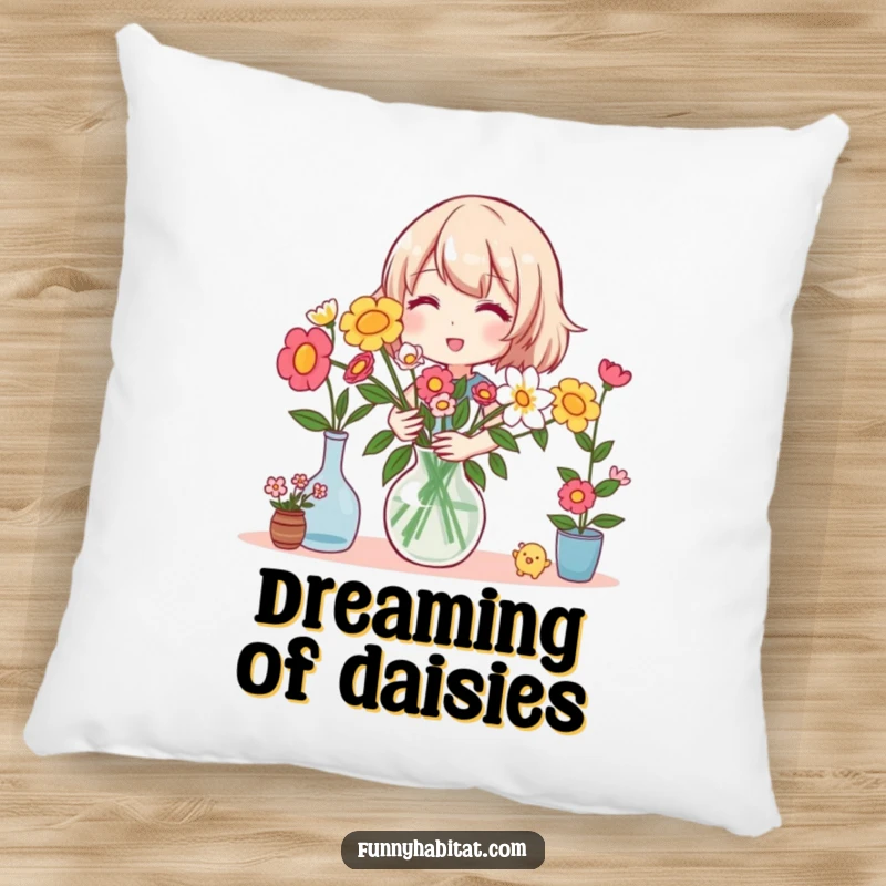 Funny pillow featuring a happy character smiling while arranging a beautiful vase of colorful flowers, bringing comfort and joy.