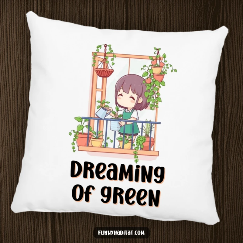 Funny pillow featuring a character watering hanging plants from a balcony, providing a cheerful and comfortable accent.