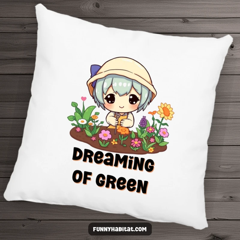 Funny pillow with a happy character tending a miniature, vibrant garden, perfect for adding comfort and gardening humor to lounging areas.