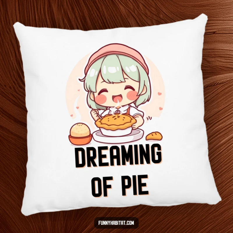 Funny pillow with a joyful character happily baking a small, steaming pie, perfect for adding comfort and baking humor.