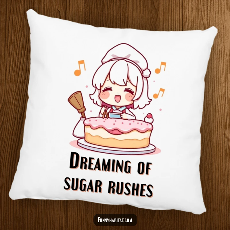 Funny pillow illustrating a happy character humming and baking a cake, perfect for adding comfort and humor to a couch.