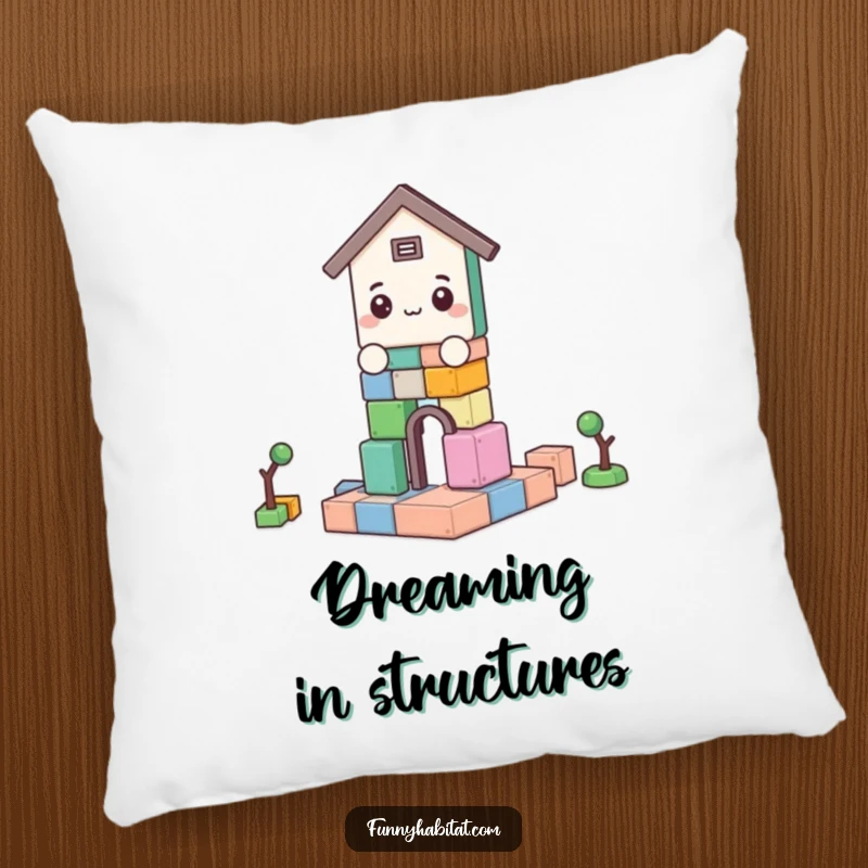 Funny pillow with a character building a block tower, offering a soft and humorous decorative accent for any room.