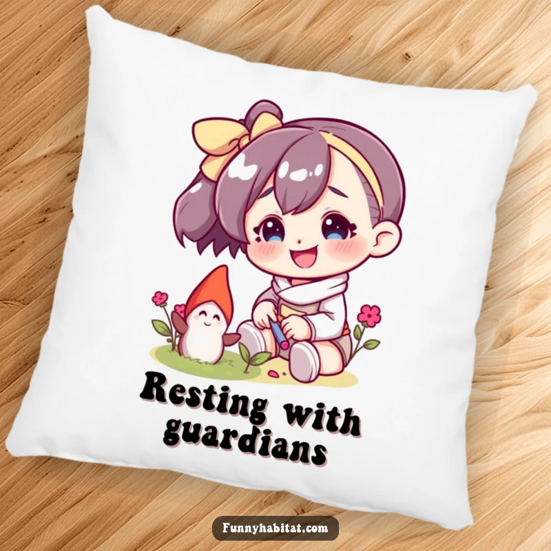 Funny pillow with a character smiling while tending to a small garden gnome, offering soft comfort and whimsical decor.