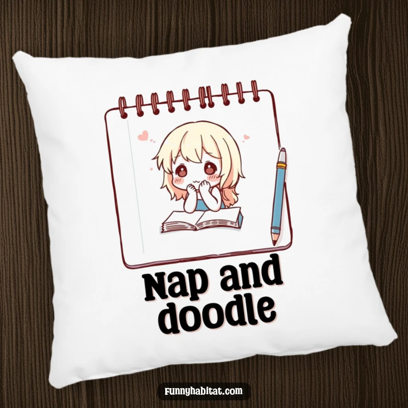Funny pillow featuring a character with a thoughtful expression sketching in a notebook, bringing comfort and inspiration.