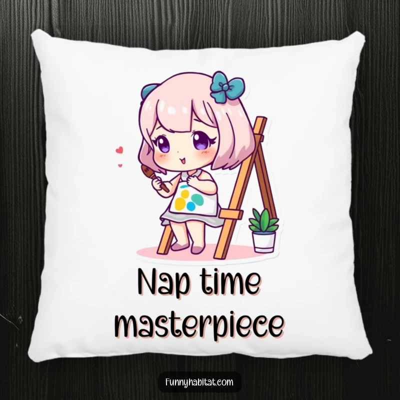 Funny pillow displaying a cheerful character artist painting a small, brightly colored canvas, bringing humor and art to any room.