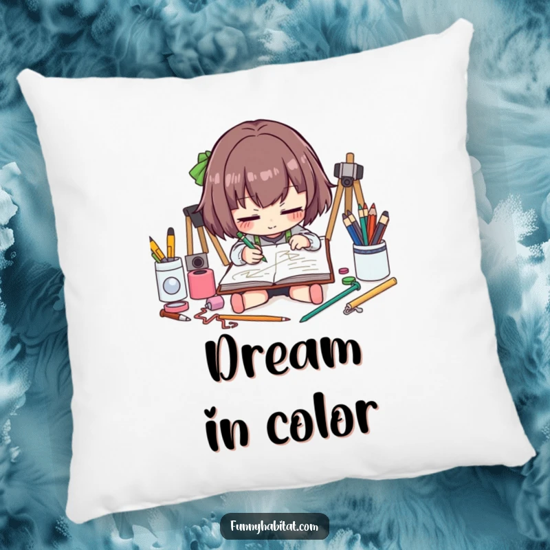 Funny artist pillow featuring a character sketching, adding a humorous and comfortable touch to any room's decor.