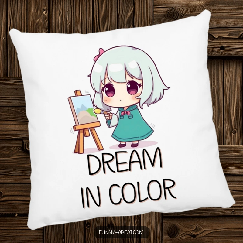 Funny pillow with a character painting on a canvas, brush in hand, providing soft, humorous artistic comfort.