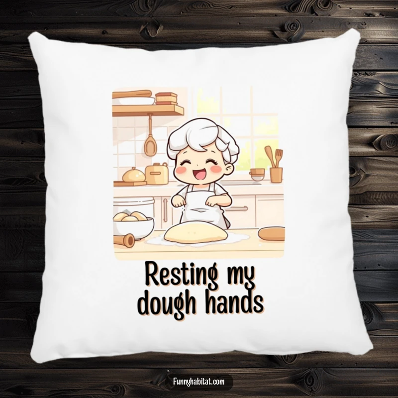 Funny pillow with a joyful character happily kneading dough in a sunlit kitchen, adding comfort and humor.