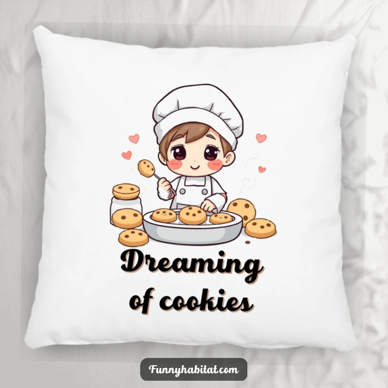 Funny pillow featuring a cheerful character baking freshly made cookies, sending out sweet, tempting aromas, bringing humor home.