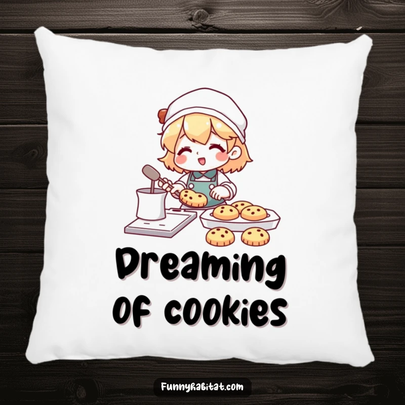 Funny pillow depicting a character happily baking cookies, with a delectable tray of treats within view.