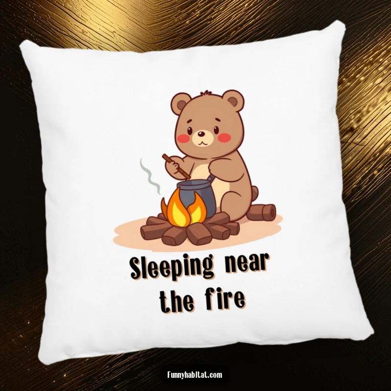 Funny bear character happily stirring a pot over a small campfire, a soft and humorous decorative pillow.