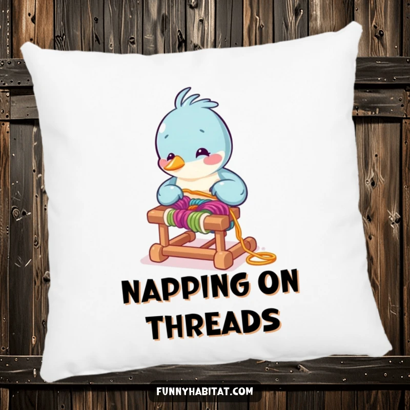 Funny bird character arranging colorful yarn on a miniature loom, a soft and humorous decorative pillow.