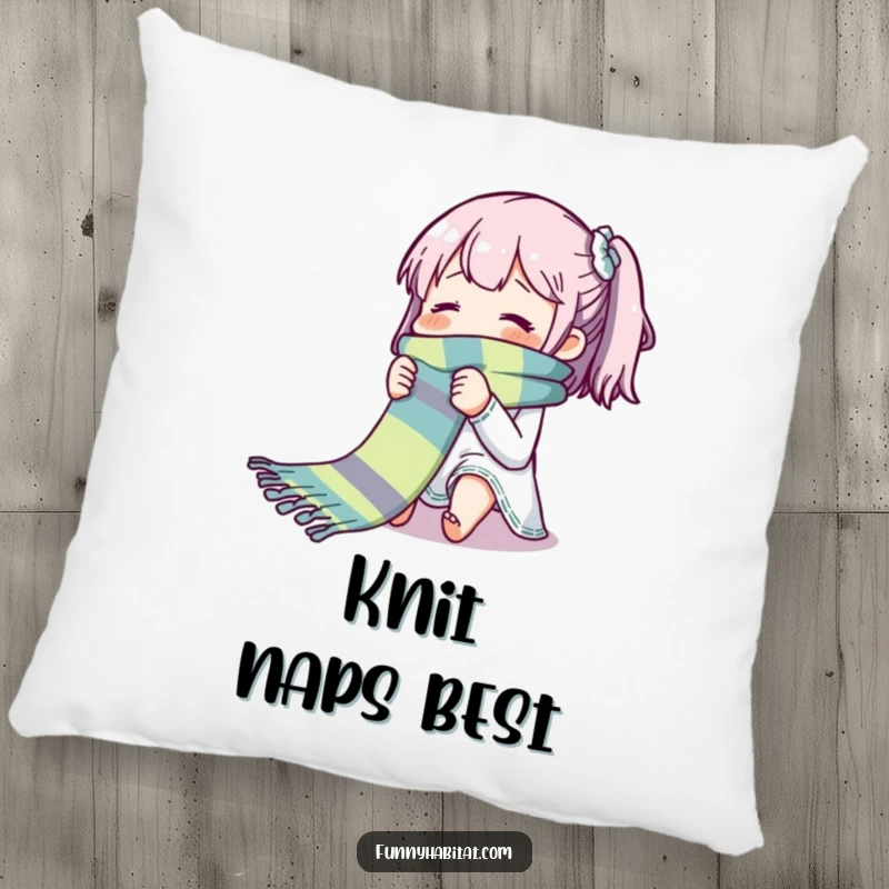 Funny pillow depicting a character blissfully knitting a long, colorful scarf; soft and humorous decor for knitters.