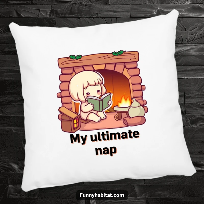 Funny pillow featuring a character reading a book by a warm, glowing fireplace, adding comfort and humor to a sofa.