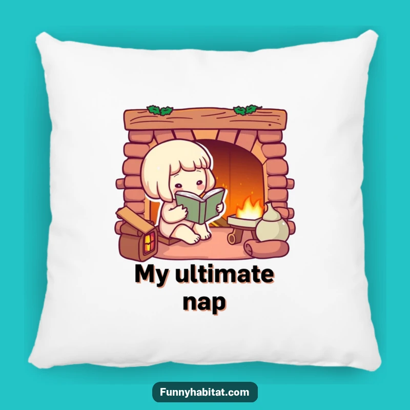 Funny Bookworm Pillow: Cozy Fireplace Reader, Hilarious Home Decor Gift