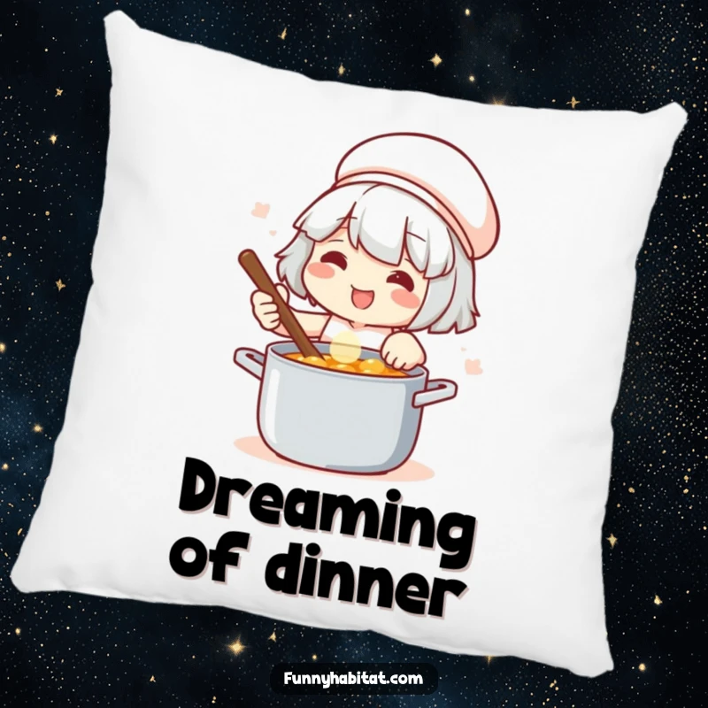 Funny pillow depicting a satisfied chef stirring a pot, adding a touch of culinary humor to any room.