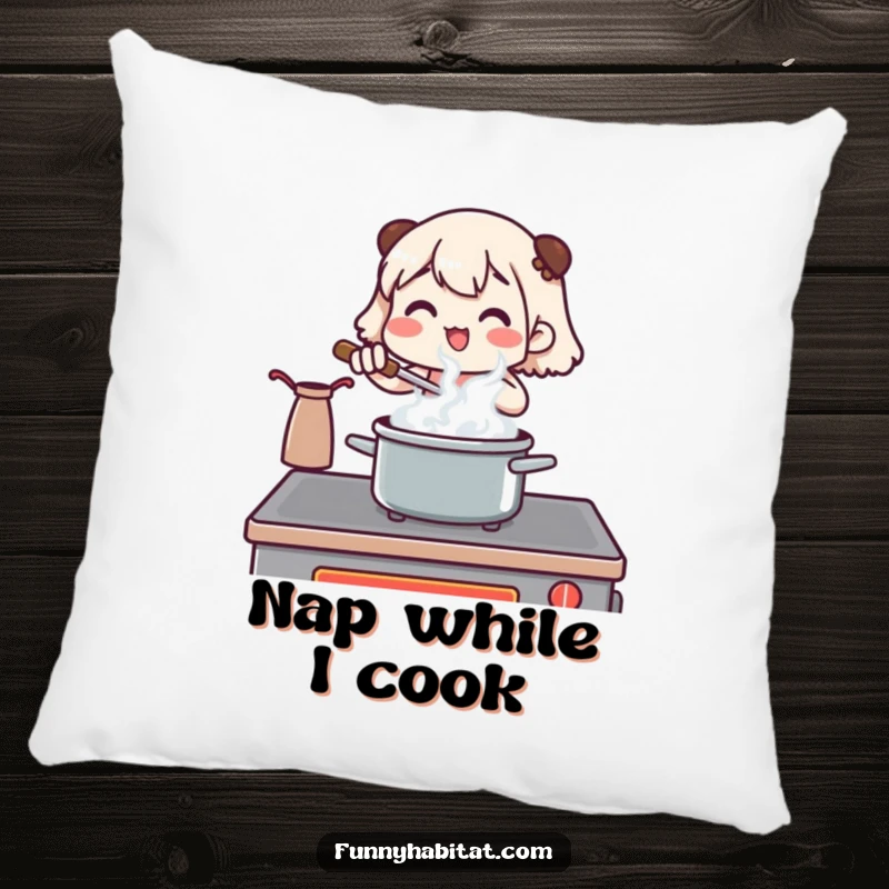 Funny pillow with a character stirring a pot at a stove, steam rising, providing soft, humorous kitchen comfort.