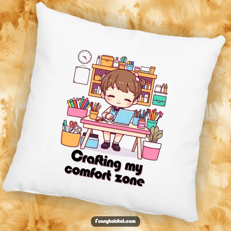 Funny pillow featuring a character tidying a craft desk, adding a humorous and cozy element to any seating area.
