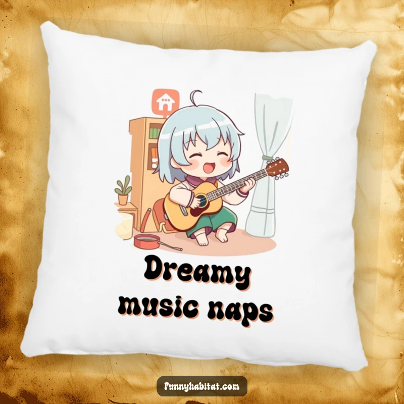 Funny pillow depicting a character enthusiastically playing a musical instrument in a cozy room; soft and humorous decor for musicians.
