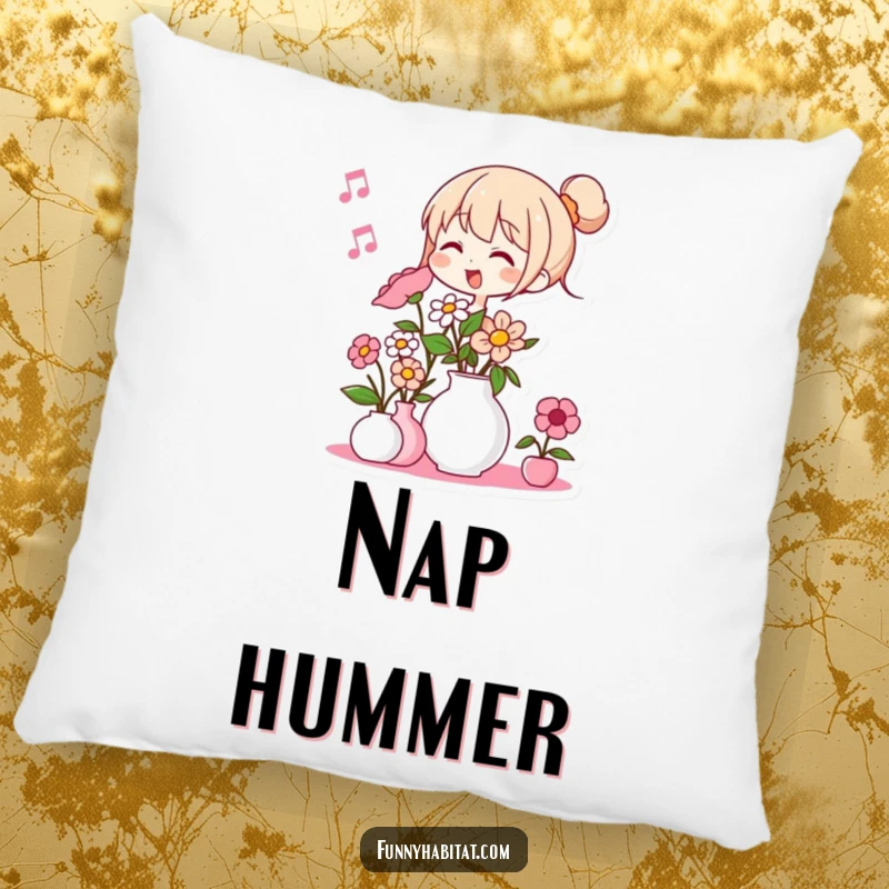 Funny pillow depicting a character humming while arranging flowers in a vase; soft and humorous home decor accent.