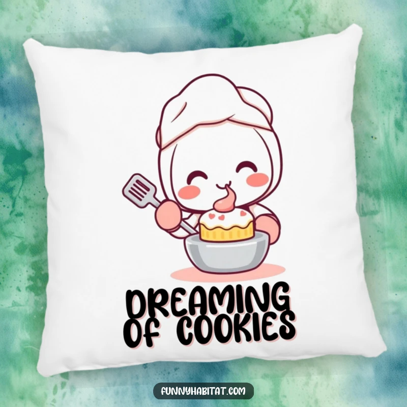 Funny Kawaii Pillow, a happy character with oven mitts smiles while baking a small cake, soft and decorative.