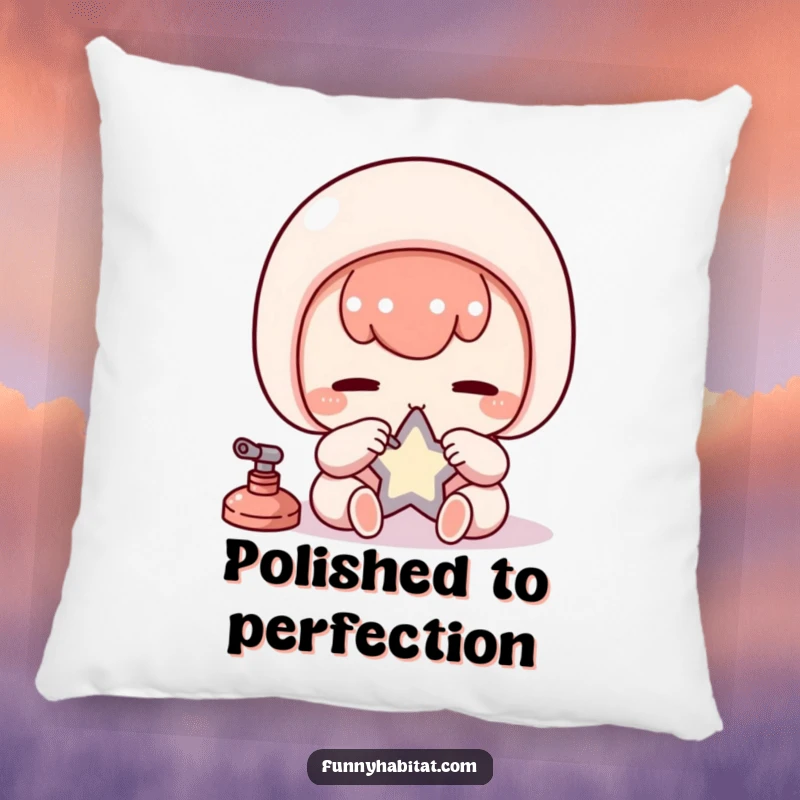 Funny Kawaii Pillow, a diligent character carefully polishes a small star, soft and decorative cushion.