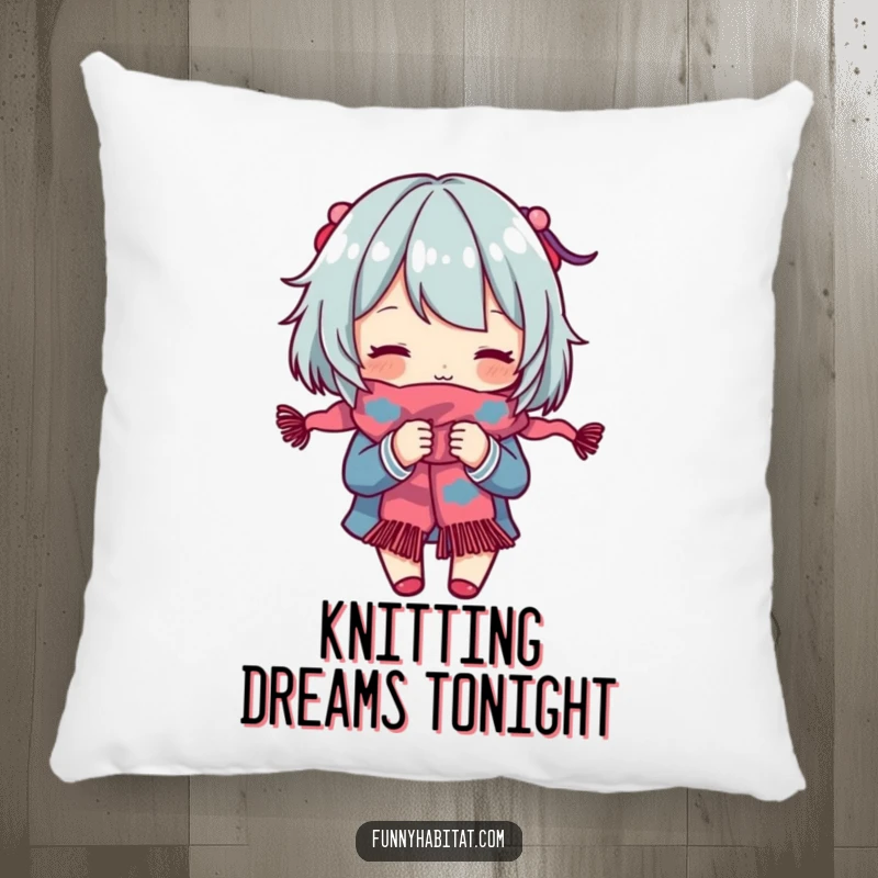 Funny Pillow: A character engrossed in knitting a colorful scarf, symbolizing creativity and comfort. Perfect for gifting.